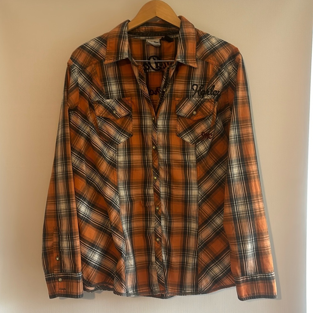 Harley Davidson authentic merchandise - orange grey plaid blouse